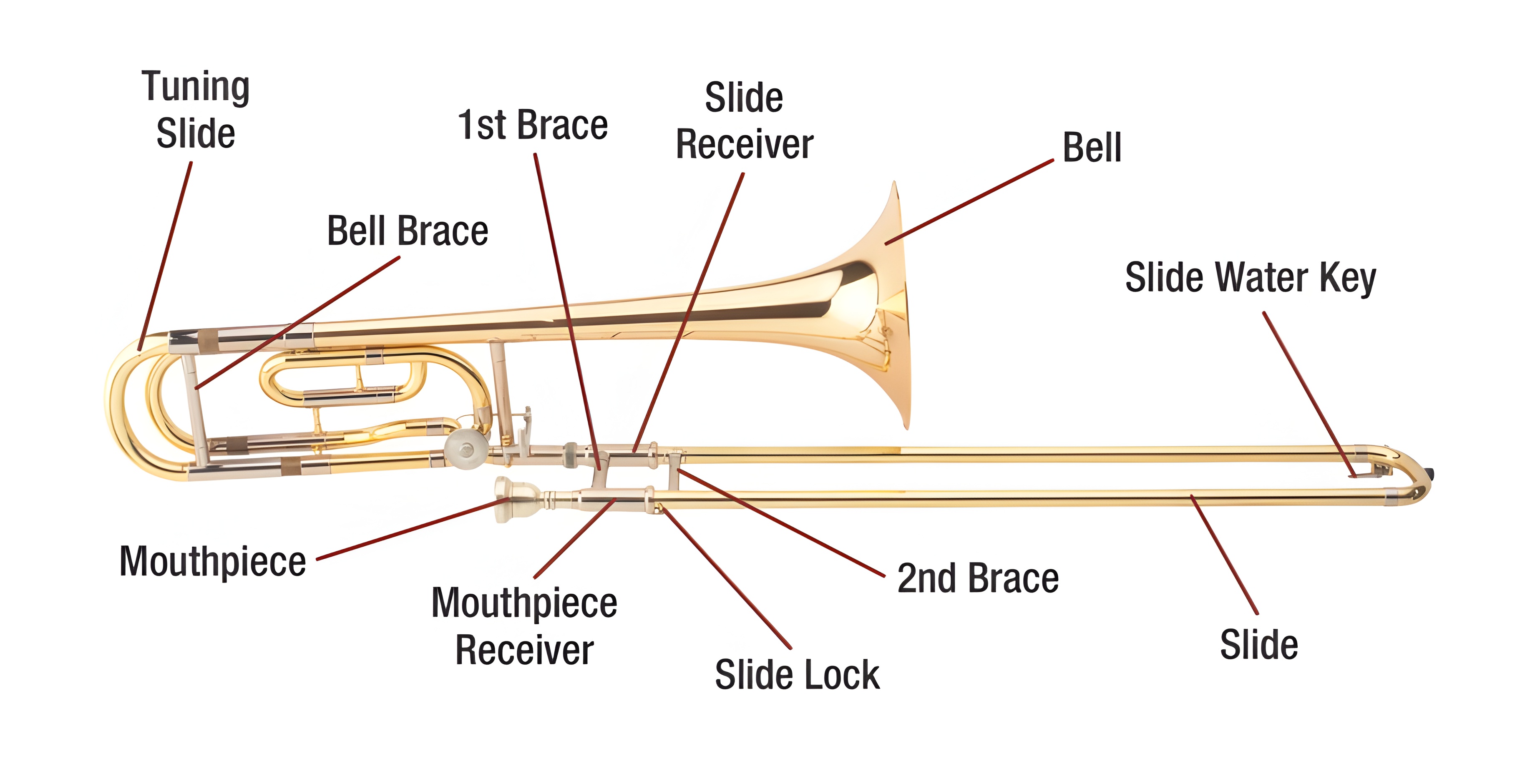 Bass trombone anatomy diagram showing all parts